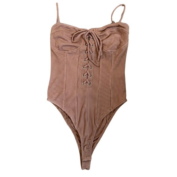 Hot & Delicious Mocha Spaghetti Strap Lace Up Bodysuit - Picture 2 of 3